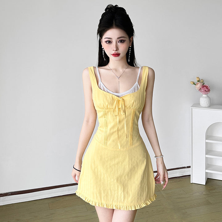 Ruffle Trim Sleeveless Mini Dress in Yellow Linen Look - Vedlit