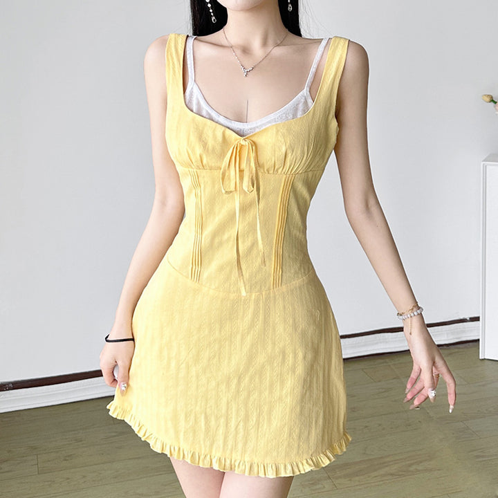 Ruffle Trim Sleeveless Mini Dress in Yellow Linen Look - Vedlit