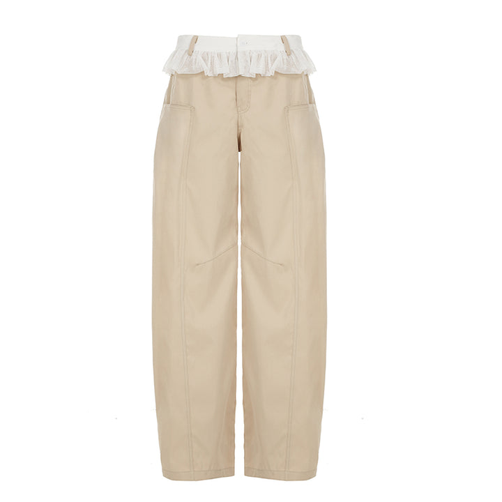 Ruffle Waist Beige Wide Leg Pants with Lace Trim Detail - Vedlit