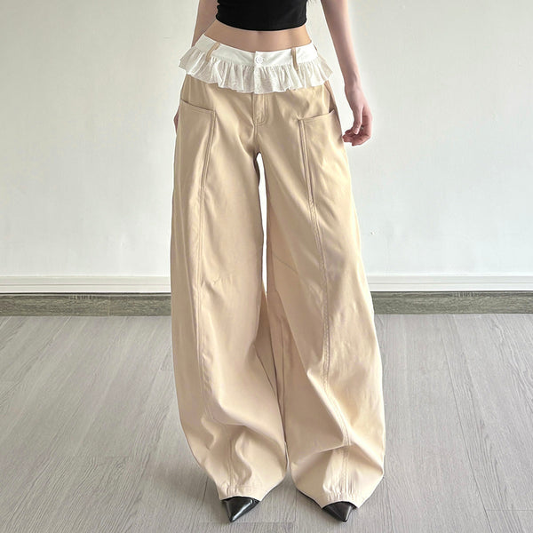 Ruffle Waist Beige Wide Leg Pants with Lace Trim Detail - Vedlit