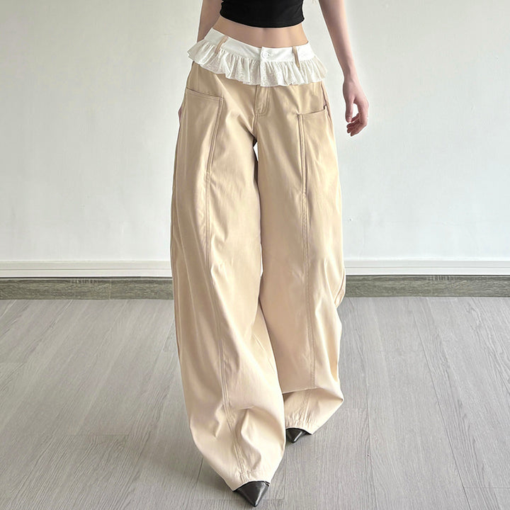 Ruffle Waist Beige Wide Leg Pants with Lace Trim Detail - Vedlit