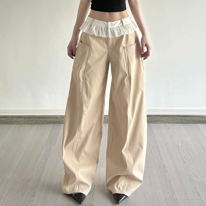 Ruffle Waist Beige Wide Leg Pants with Lace Trim Detail - Vedlit