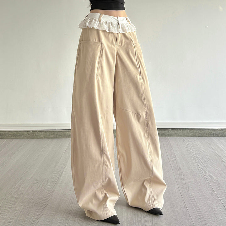 Ruffle Waist Beige Wide Leg Pants with Lace Trim Detail - Vedlit