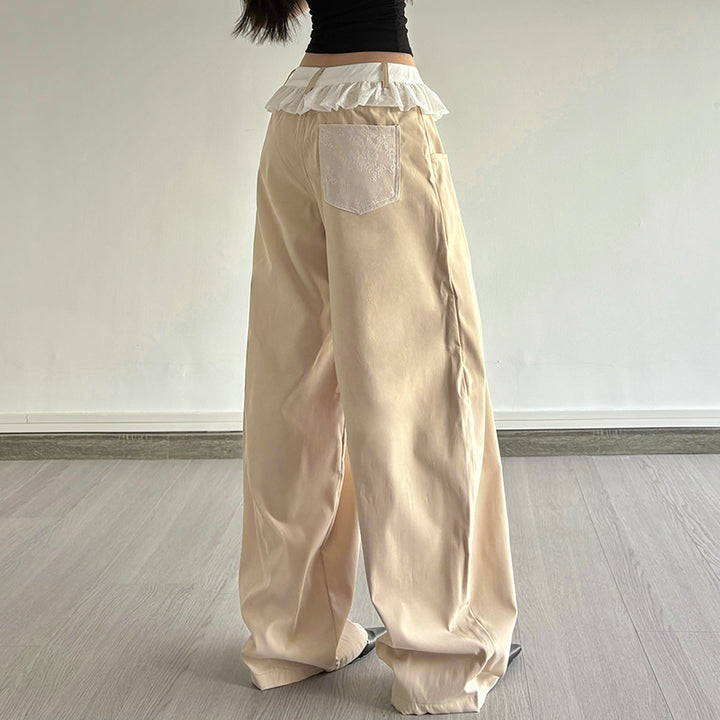 Ruffle Waist Beige Wide Leg Pants with Lace Trim Detail - Vedlit