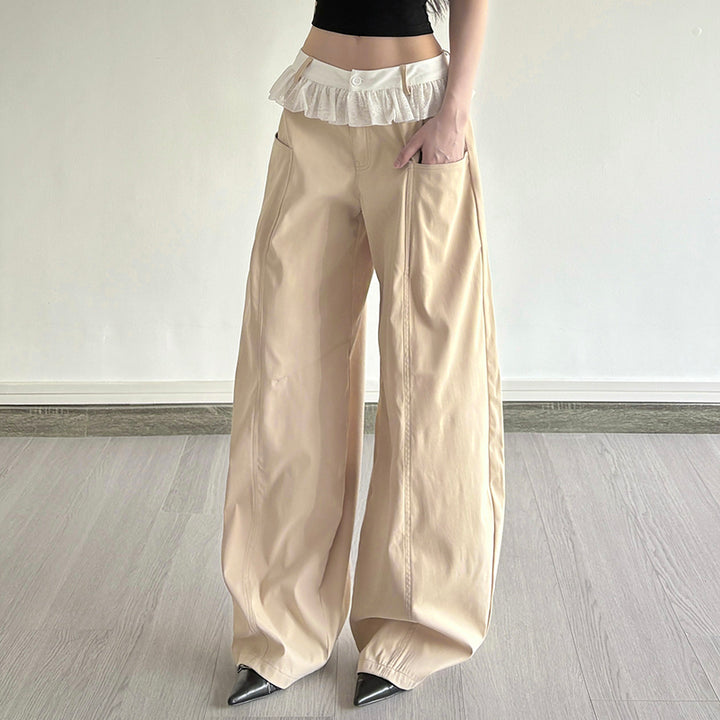 Ruffle Waist Beige Wide Leg Pants with Lace Trim Detail - Vedlit