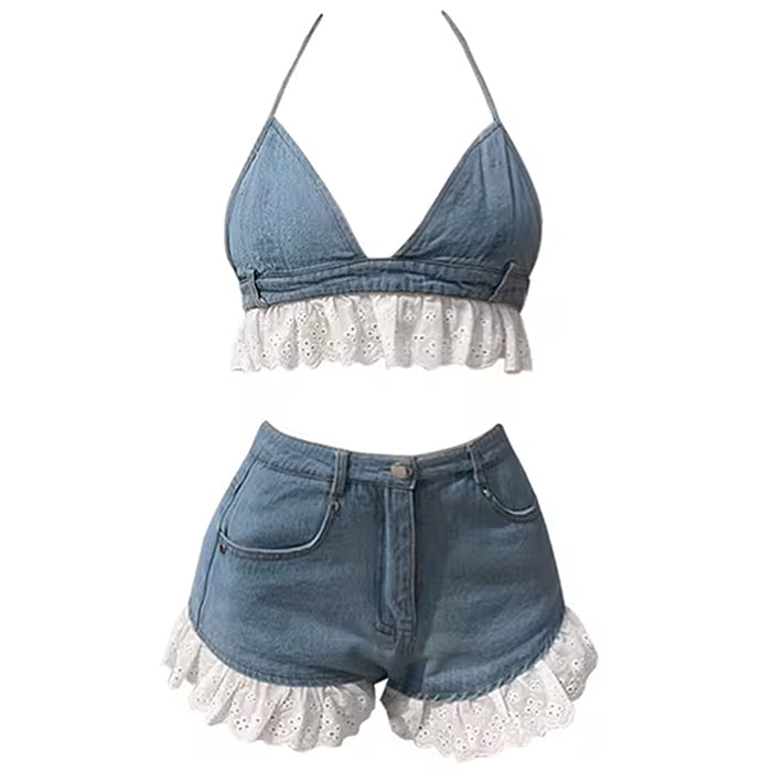 Sweet Ruffle Top & Denim Shorts Co-Ord - Vedlit