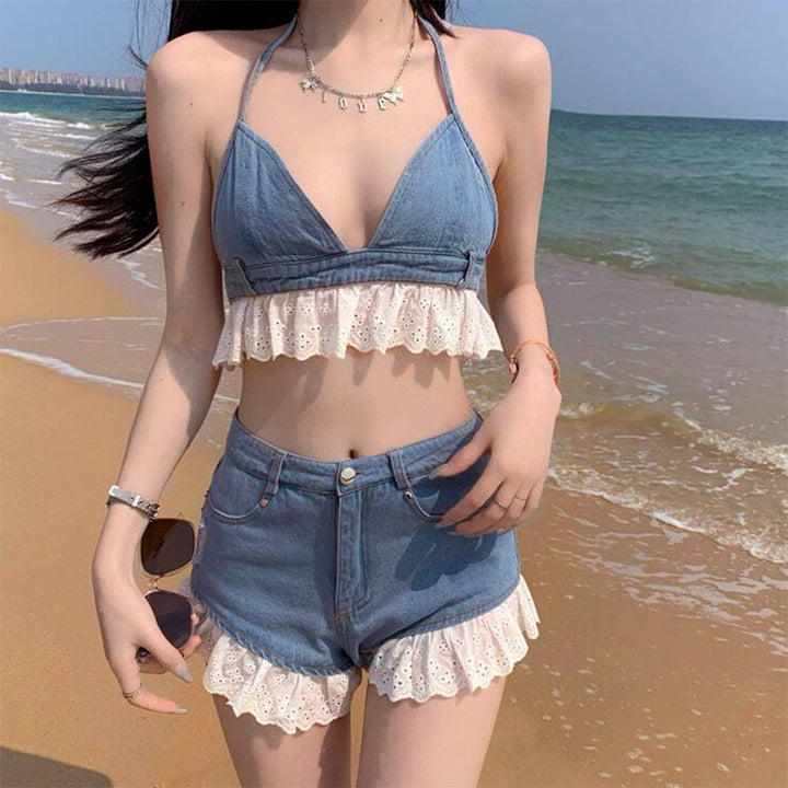 Sweet Ruffle Top & Denim Shorts Co-Ord - Vedlit