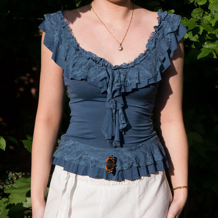 Ruffled Lace Trim Sleeveless Top - Elegant Vintage Blue - Vedlit