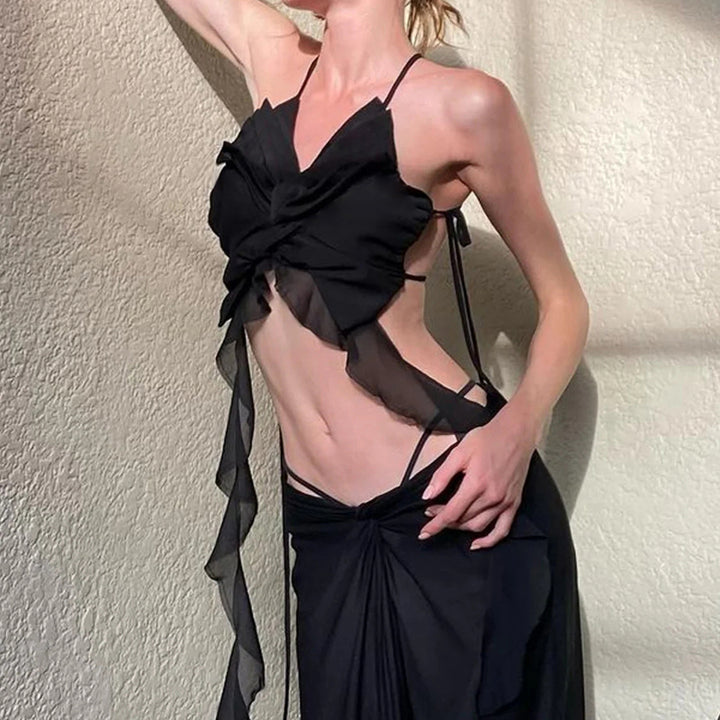 Ruffled Mesh Strappy Backless Crop Top – Y2K Clubwear - Vedlit