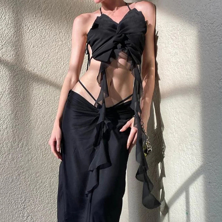 Ruffled Mesh Strappy Backless Crop Top – Y2K Clubwear - Vedlit