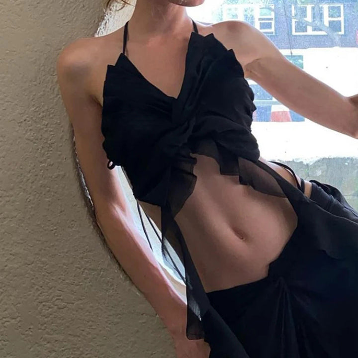 Ruffled Mesh Strappy Backless Crop Top – Y2K Clubwear - Vedlit