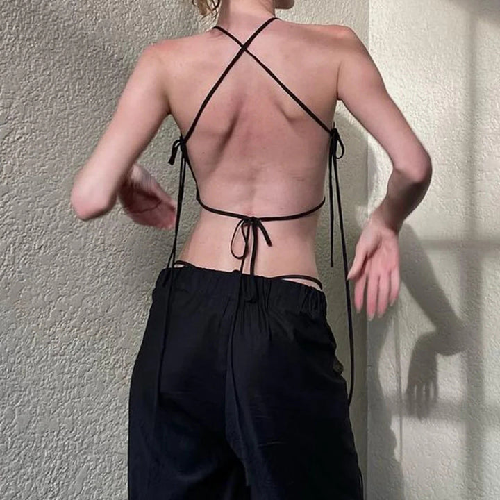 Ruffled Mesh Strappy Backless Crop Top – Y2K Clubwear - Vedlit