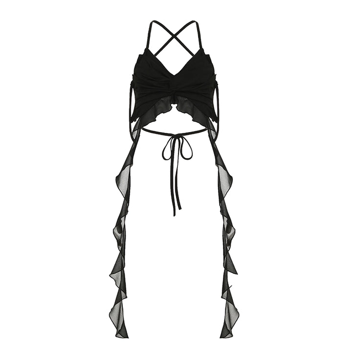Ruffled Mesh Strappy Backless Crop Top – Y2K Clubwear - Vedlit