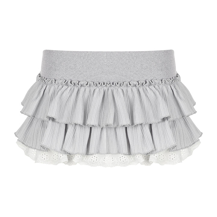 Ruffled Tiered Mini Skirt with Eyelet Lace Trim - Vedlit