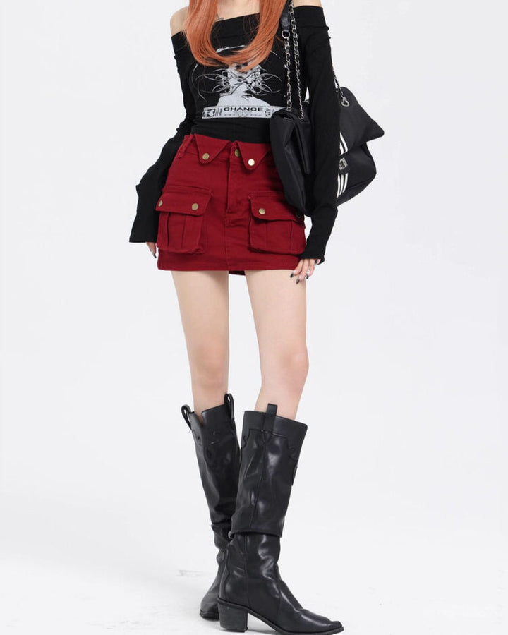 Wine Red Zip Front Mini Skirt - Vedlit
