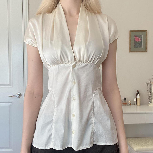 Satin Drape V-Neck Button Down Peplum Blouse Top - Vedlit