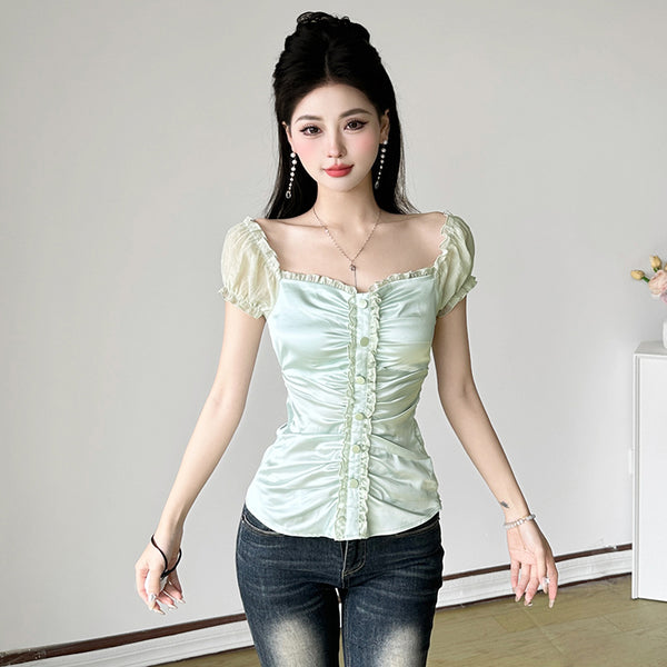 Satin Puff Sleeve Button-Up Ruched Blouse Top - Vedlit
