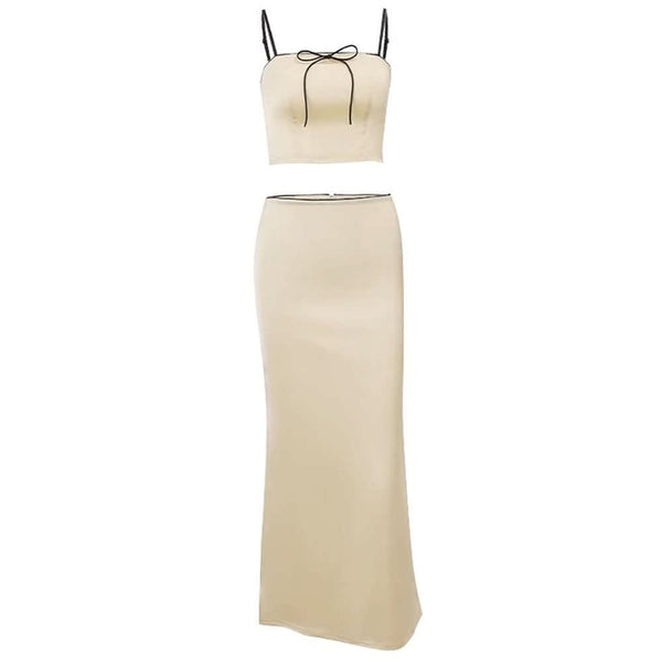 French Summer Satin Top & Maxi Skirt Set - Vedlit