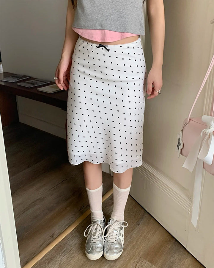Satin Polka Dot Midi Skirt - Vedlit