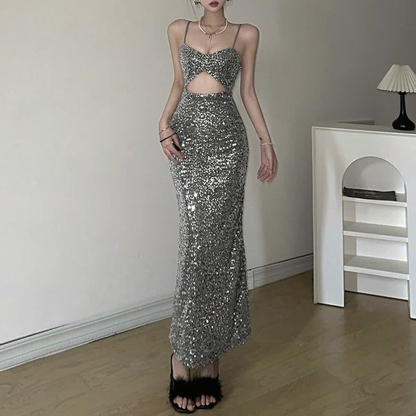 Sequin Cut Out Maxi Dress - Vedlit