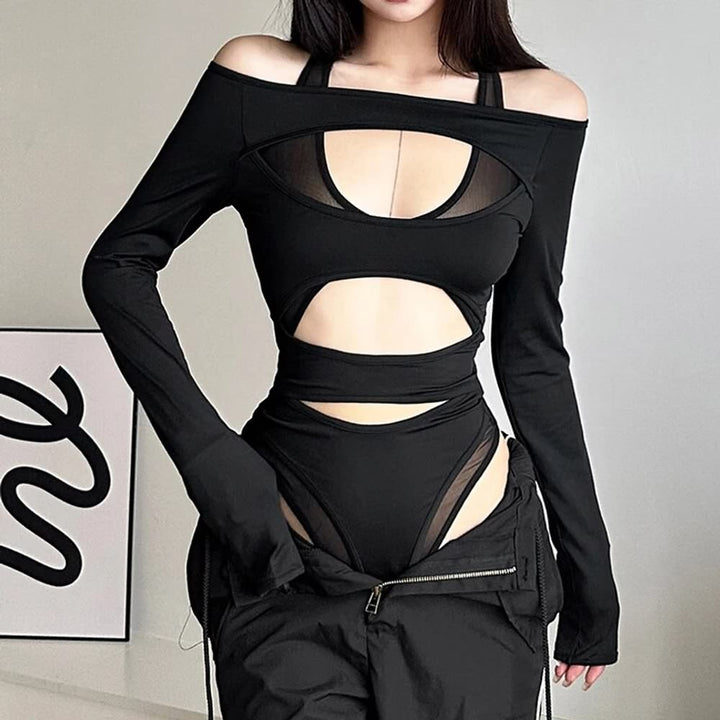 Sexy Gothic Cut Out Long Sleeve Bodysuit - Vedlit