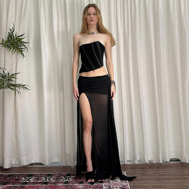Sheer Black High Slit Maxi Skirt with Ruched Waist - Vedlit