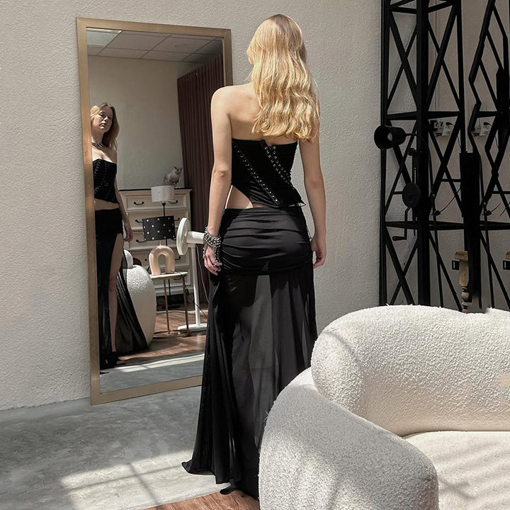 Sheer Black High Slit Maxi Skirt with Ruched Waist - Vedlit