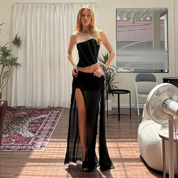Sheer Black High Slit Maxi Skirt with Ruched Waist - Vedlit