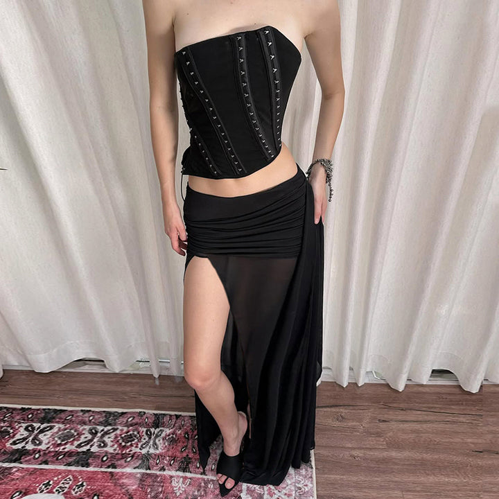 Sheer Black High Slit Maxi Skirt with Ruched Waist - Vedlit