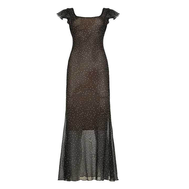 Sheer Black Polka Dot Mesh Maxi Dress with Flutter Sleeves - Vedlit
