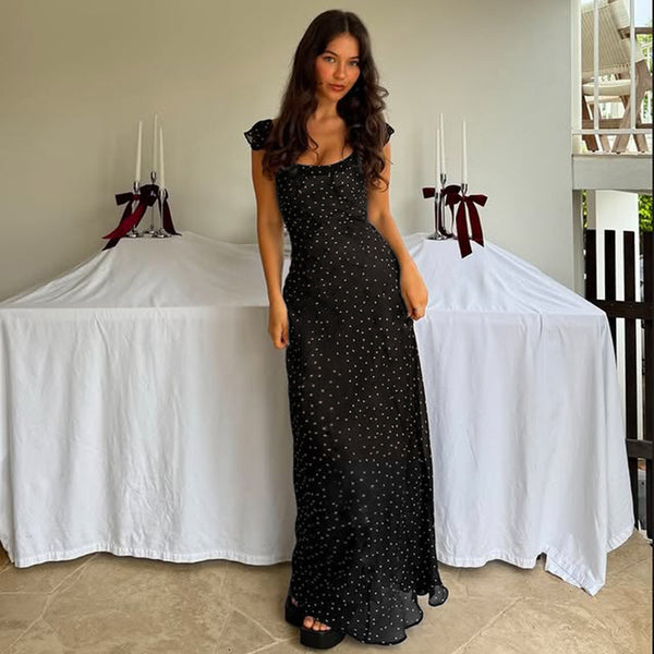 Sheer Black Polka Dot Mesh Maxi Dress with Flutter Sleeves - Vedlit