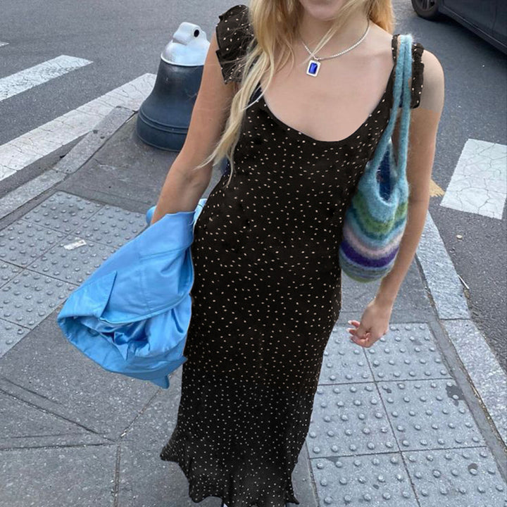 Sheer Black Polka Dot Mesh Maxi Dress with Flutter Sleeves - Vedlit