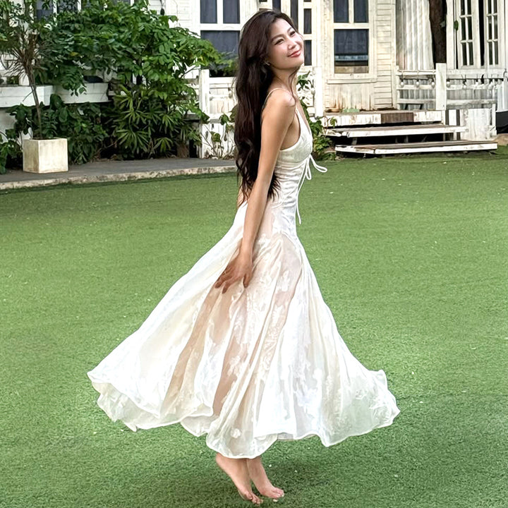 Sheer Floral Lace Maxi Dress with Tie Front - Vedlit
