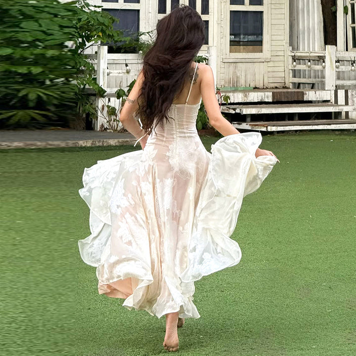 Sheer Floral Lace Maxi Dress with Tie Front - Vedlit