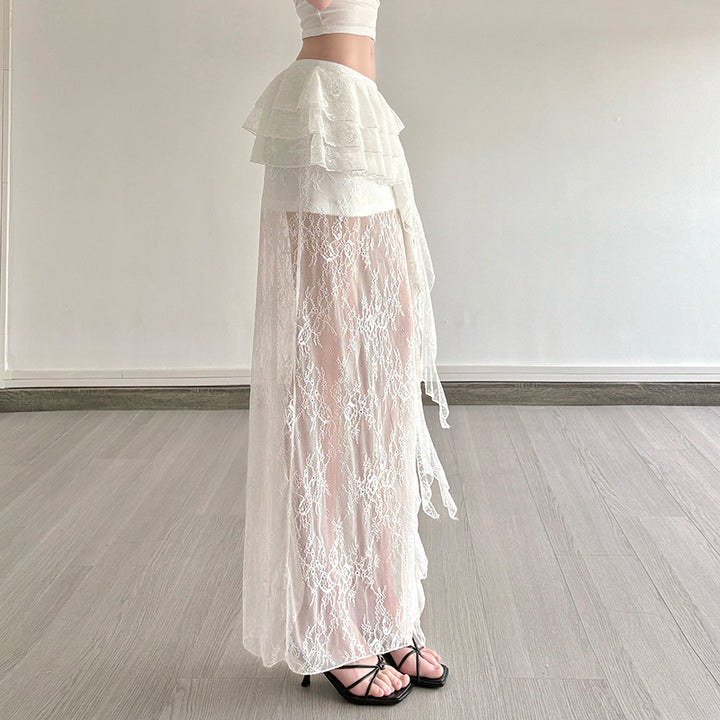 Sheer Lace Tiered Maxi Skirt with Ruffle Overlay - Vedlit