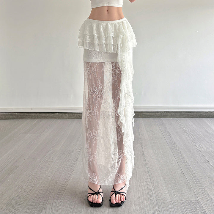 Sheer Lace Tiered Maxi Skirt with Ruffle Overlay - Vedlit