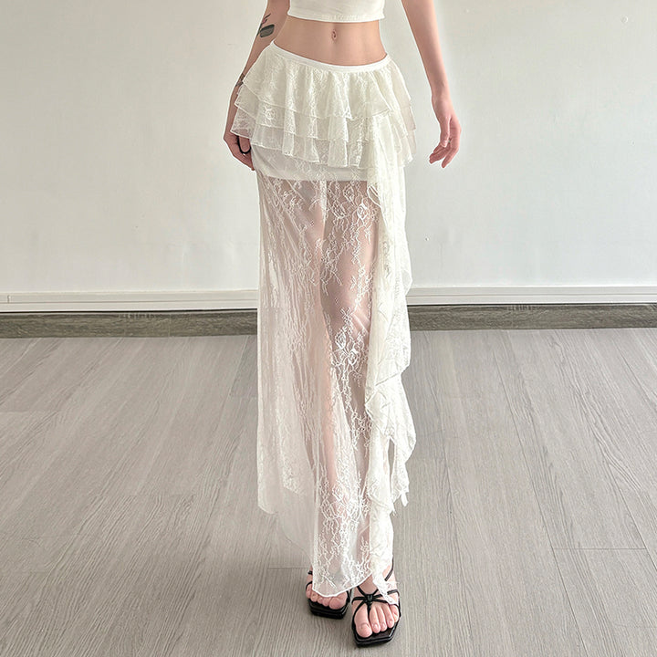 Sheer Lace Tiered Maxi Skirt with Ruffle Overlay - Vedlit