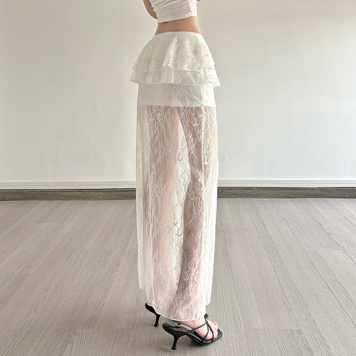 Sheer Lace Tiered Maxi Skirt with Ruffle Overlay - Vedlit