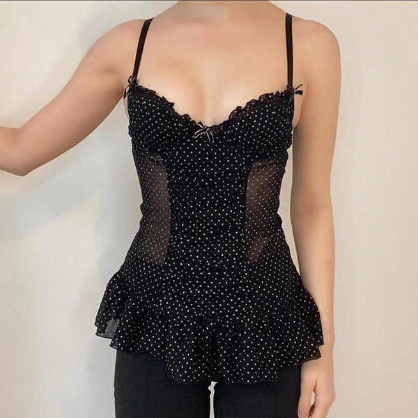 Sheer Mesh Polka Dot Corset Cami Top with Ruffle Hem - Vedlit