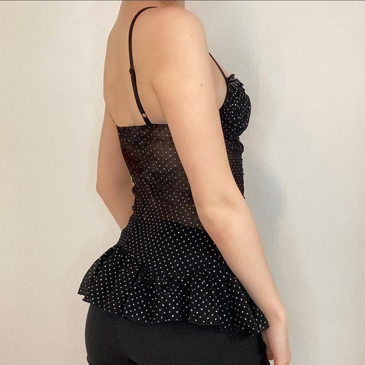 Sheer Mesh Polka Dot Corset Cami Top with Ruffle Hem - Vedlit