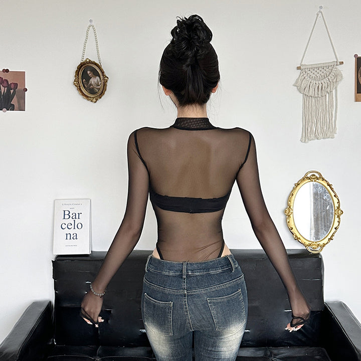 Sheer Mesh Snake Bodysuit with Long Sleeves - Vedlit