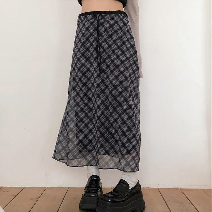 Sheer Plaid Layered Mesh Maxi Skirt with Drawstring Waist - Vedlit