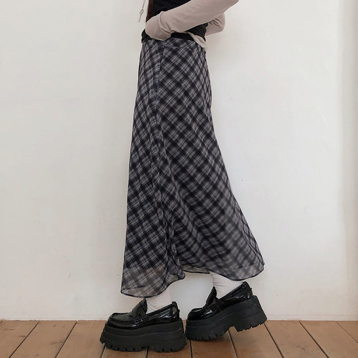 Sheer Plaid Layered Mesh Maxi Skirt with Drawstring Waist - Vedlit