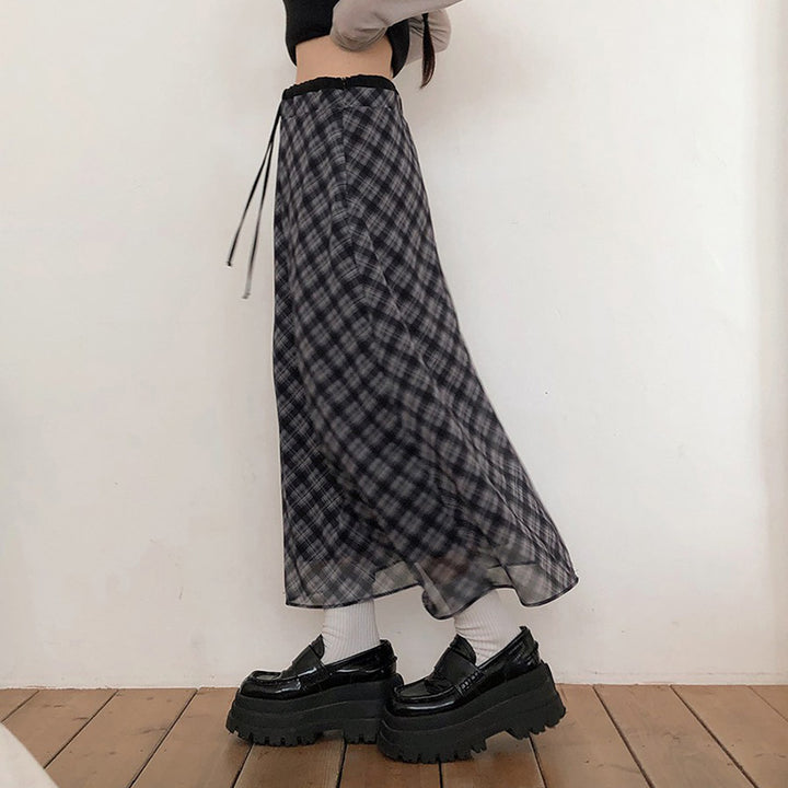 Sheer Plaid Layered Mesh Maxi Skirt with Drawstring Waist - Vedlit