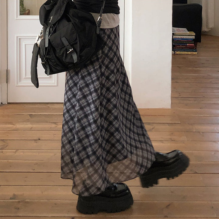Sheer Plaid Layered Mesh Maxi Skirt with Drawstring Waist - Vedlit