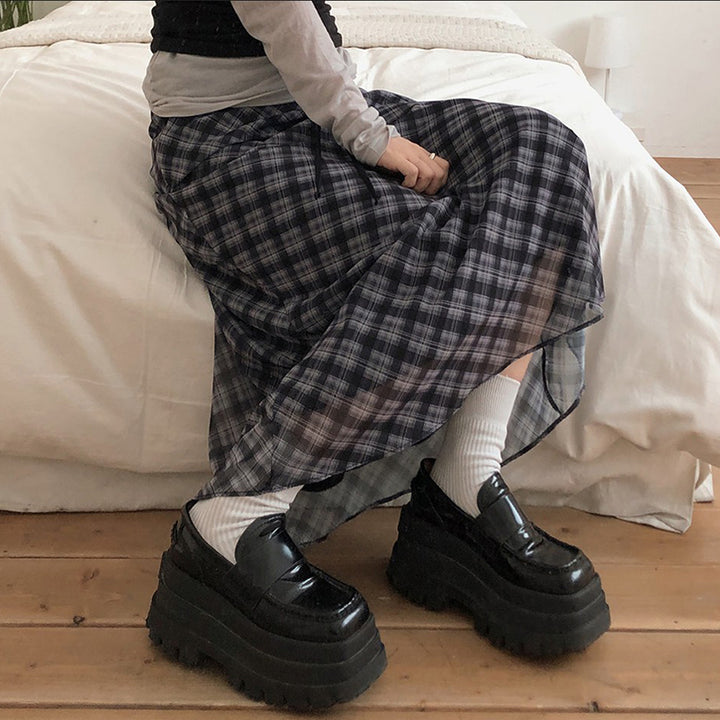 Sheer Plaid Layered Mesh Maxi Skirt with Drawstring Waist - Vedlit