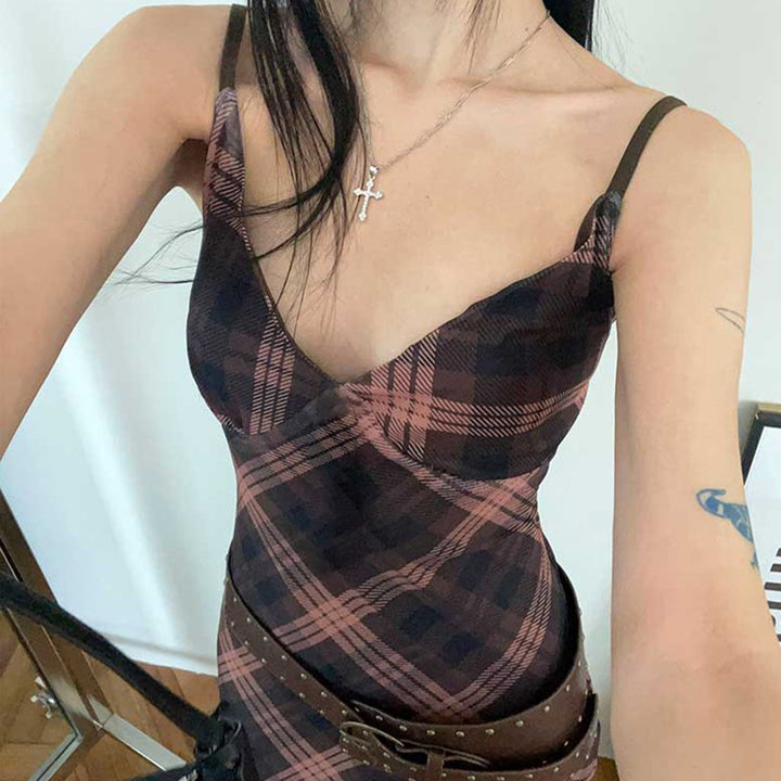 Sheer Plaid Mesh Slip Dress with Spaghetti Straps Grunge Style - Vedlit