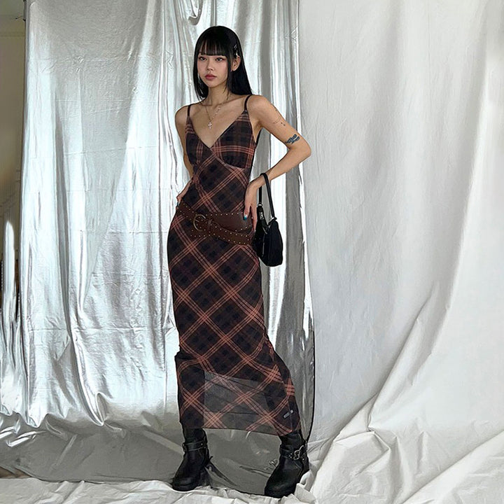 Sheer Plaid Mesh Slip Dress with Spaghetti Straps Grunge Style - Vedlit