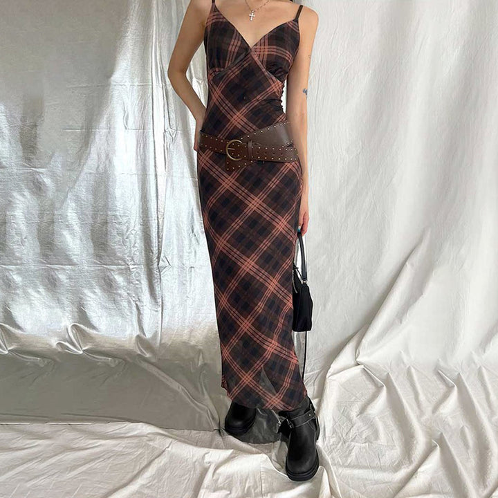 Sheer Plaid Mesh Slip Dress with Spaghetti Straps Grunge Style - Vedlit