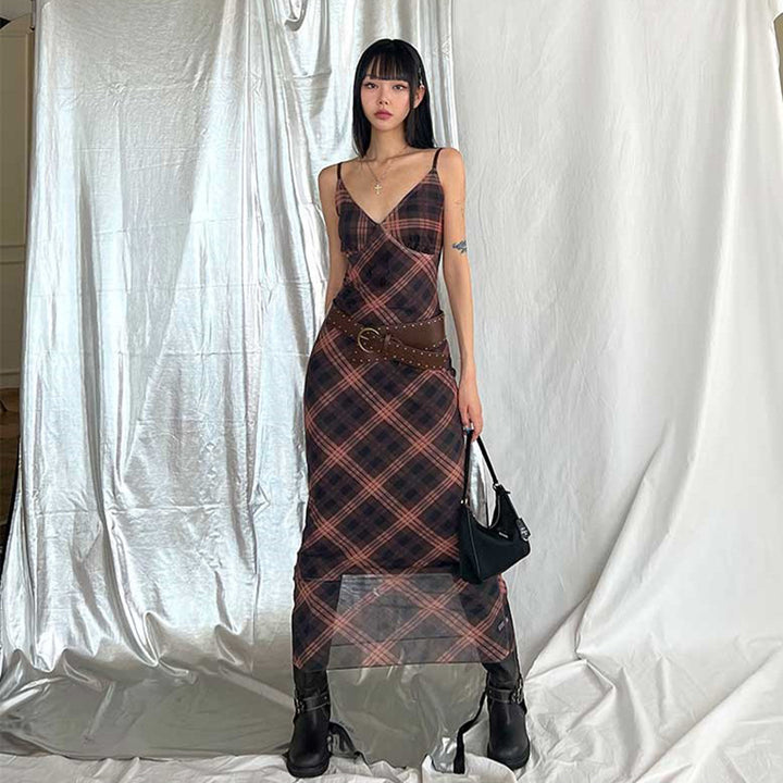 Sheer Plaid Mesh Slip Dress with Spaghetti Straps Grunge Style - Vedlit